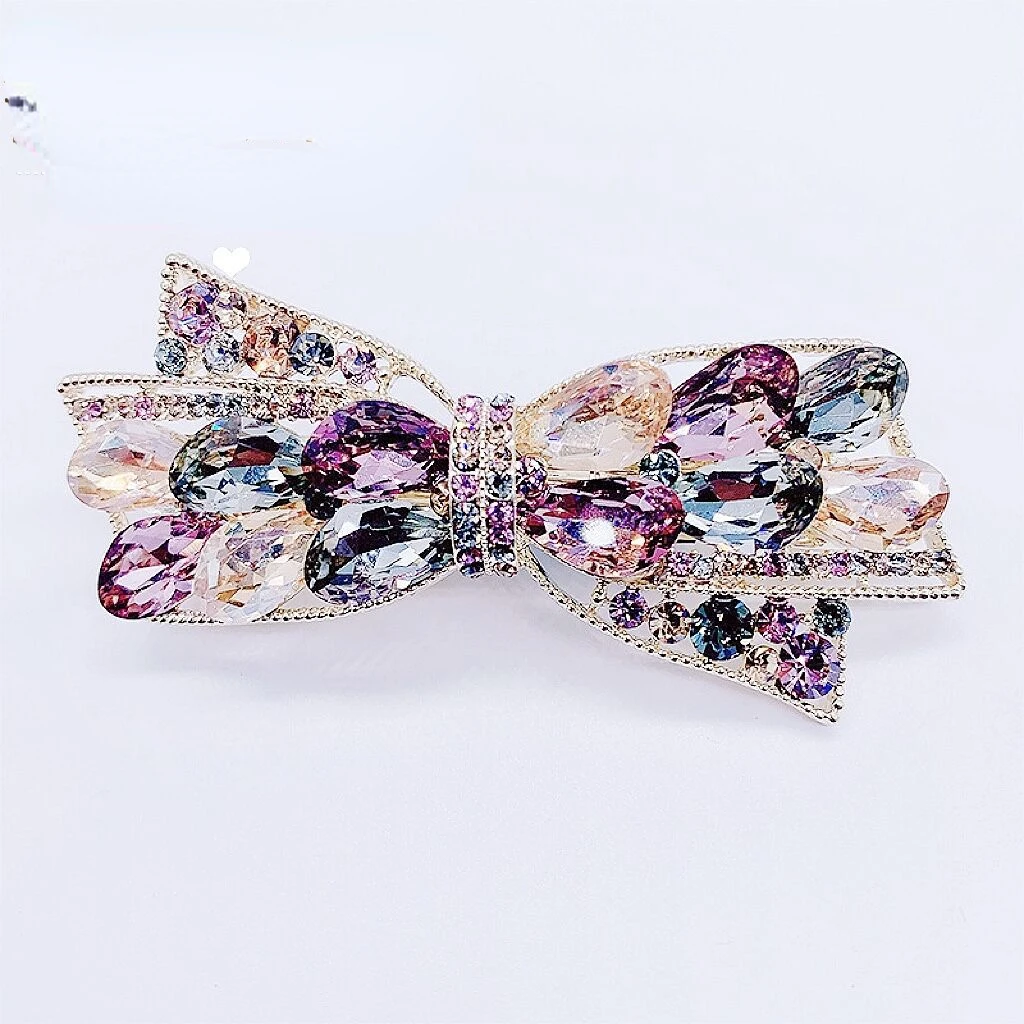 Spring New Girl Elegant Colorful Crystal Bow Spring Clip Sweet High Quality Wedding Gift Horsetail Clip Headpiece