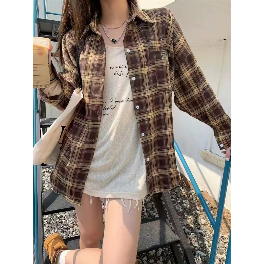 เสื้อโค้ทผู้หญิงลายสก็อตทรงหลวม สไตล์ลำลอง สำหรับฤดูใบไม้ผลิและฤดูใบไม้ร่วง แขนยาว ปกเสื้อแบบคลาสสิก ติดกระดุม แนวเรโทร