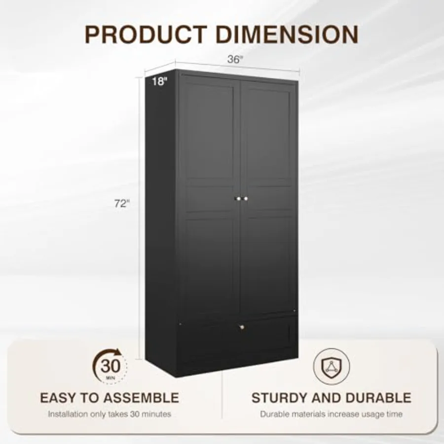 72 X 36 X 18 Black Metal Wardrobe Armoire with Drawers and Hanging Rod for Home Office Bedroom Storage Solution Durable Steel C