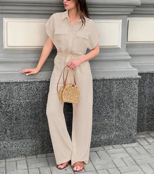 

Women's Jumpsuit Light Khaki Texture Wrinkled Material Jumpsuit Waist Cinching Strap Temperament Short Sleeved Pants Jumpsuit