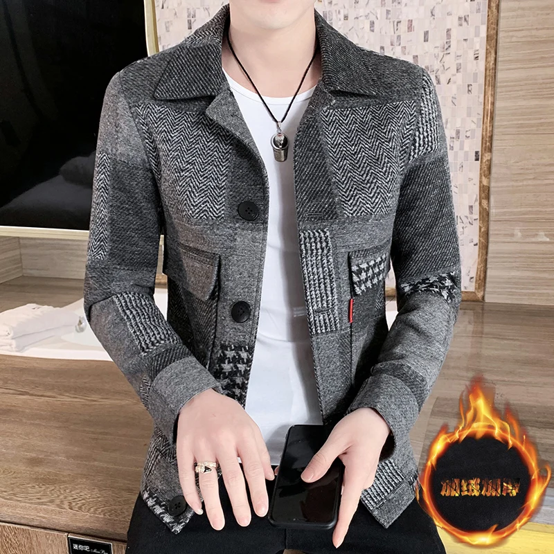 

High-quality, fashionable, stylish and versatile men's checkered patchwork jacket with fleece and thickened coat for autumn and