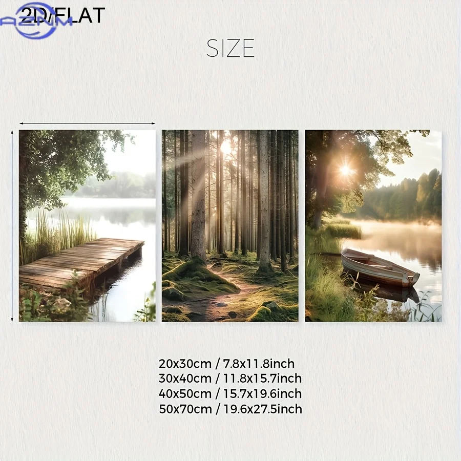 3pcs/set Of Forest And Lake Print Decorative Painting Set, 2d/flat Natural Scenery Wall Art Frameless Canvas Poster, Sunrise Bo