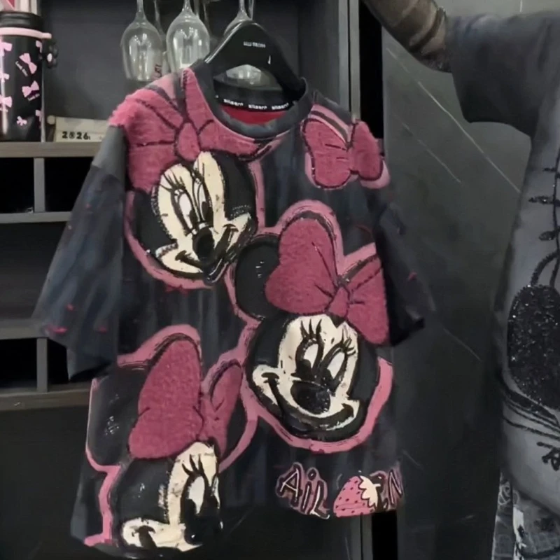 

Новая рваная футболка с принтом Микки Мауса, весна-лето-осень, с мультяшным принтом, короткий рукав, женская свободная повседневная универсальная футболка