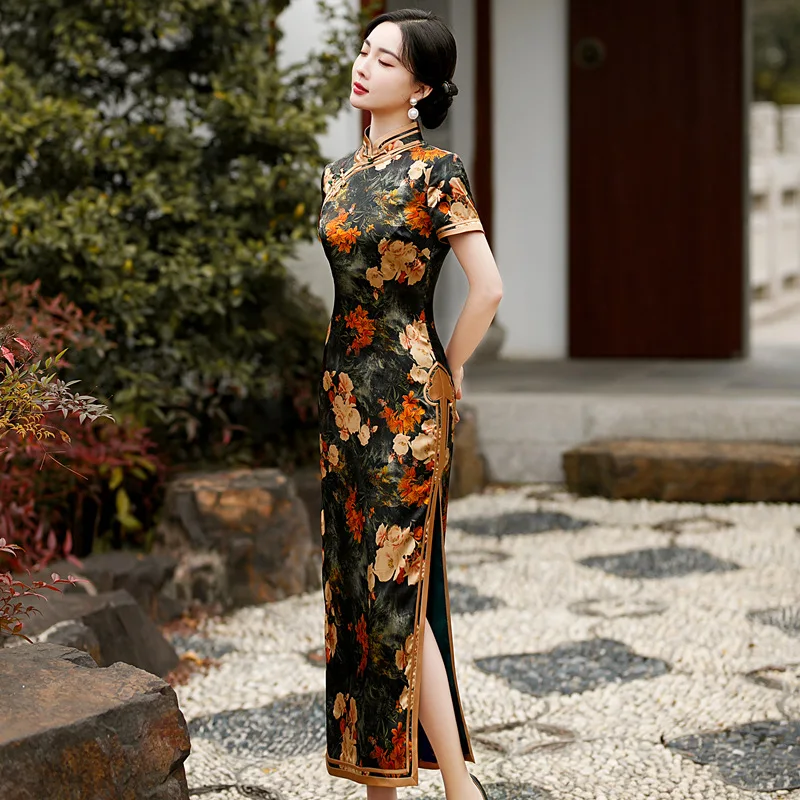 

High-End Cheongsam Qipao Improved Quality Real Silk Dress Retro Temperament Long Chinese Chi-Pao