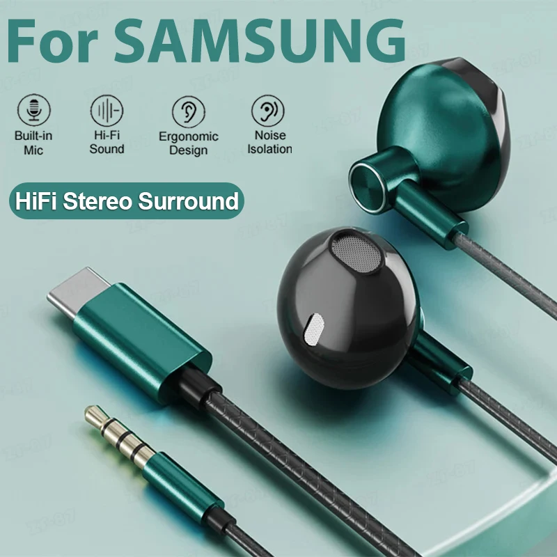 USB Type C Headphone HiFi Bass Stereo Volume Control Mic 3.5mm Wired Earbuds For Samsung S24 S23 S21 Ultra A54 iPhone 15 Pro Max