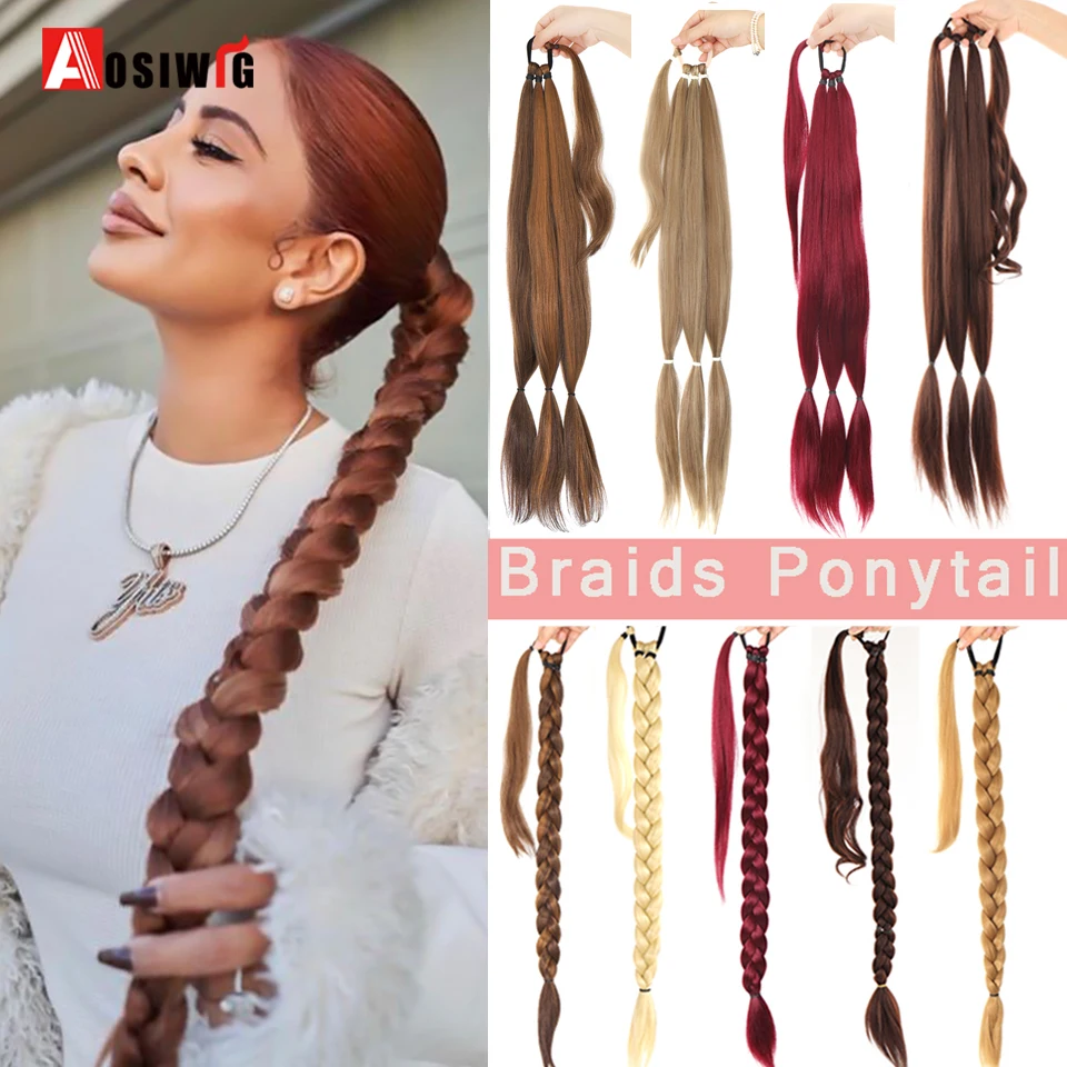 AOSIWIG Synthetic Long Braided Ponytail Hairpieces with Elastic Rubber Band Heat-resistant DIY Ponytail Extensions for Women