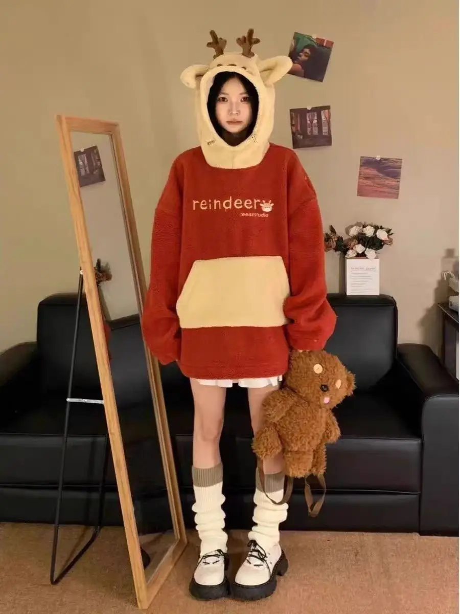 2023 Christmas New Cute Elk Hooded Sweatshirt Autumn Winter American Contrasting Loose Lambswool Hoodie winter clothes women