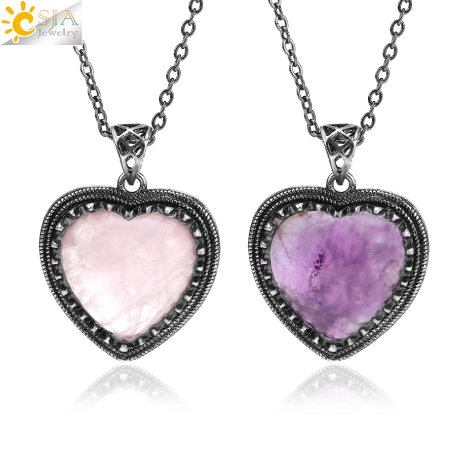 CSJA Natural Stone Heart Necklace for Women Healing Crystal Fluorite Labradorite Pink Quartz Pendant Stainless Steel Chain H427