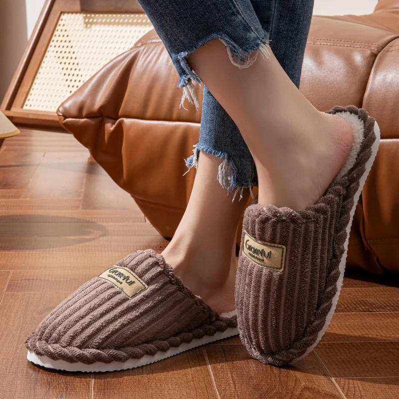 Winter Warm Graceful Home Slippers Women Indoor Lightweight Plush Slides Couples Concise Home Non-slip Corduroy Fluffy Sandals image 2