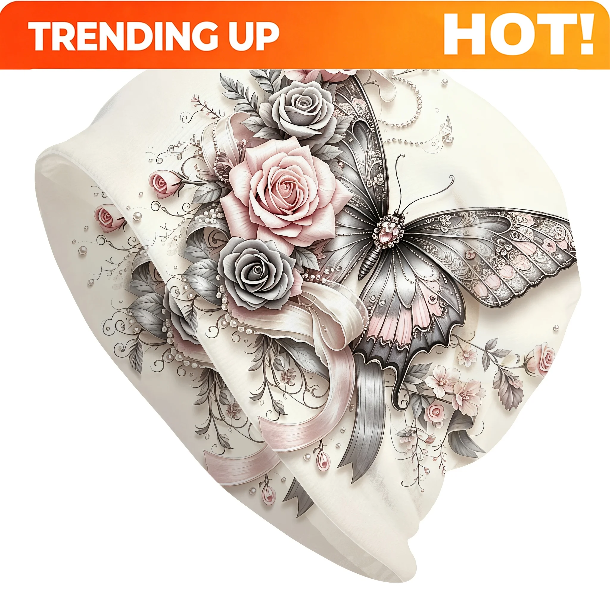 Customization Vintage Pink Gray Rose Ribbon Pearl Butterfly Slouchy Beanie For Women, Soft Stretch Multifunctional Head Wrap Nec