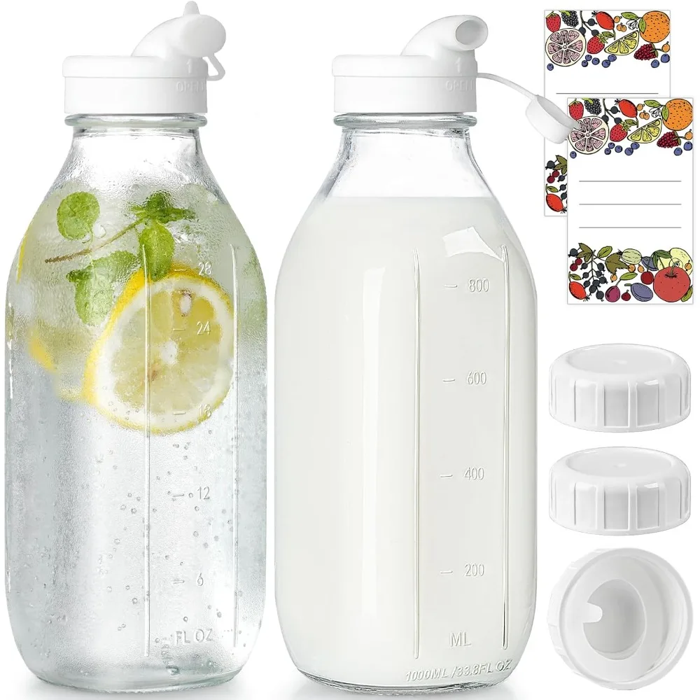 

Glass Milk Bottles 2 Pack 32 oz with Dispenser Caps - Airtight Screw Lids - Reusable Jugs for Milk, Juice, Creamer, Syrup