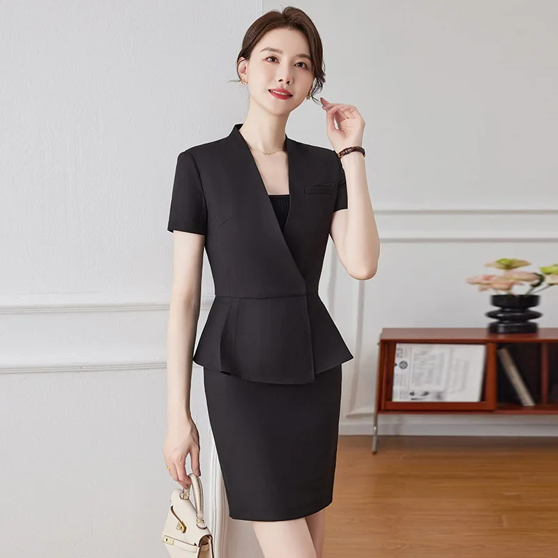 Fashion V-neck Formal Women Business Suits 2 Piece Set with Skirt and Tops Women OL Styles Blazers Office Career with Corsage