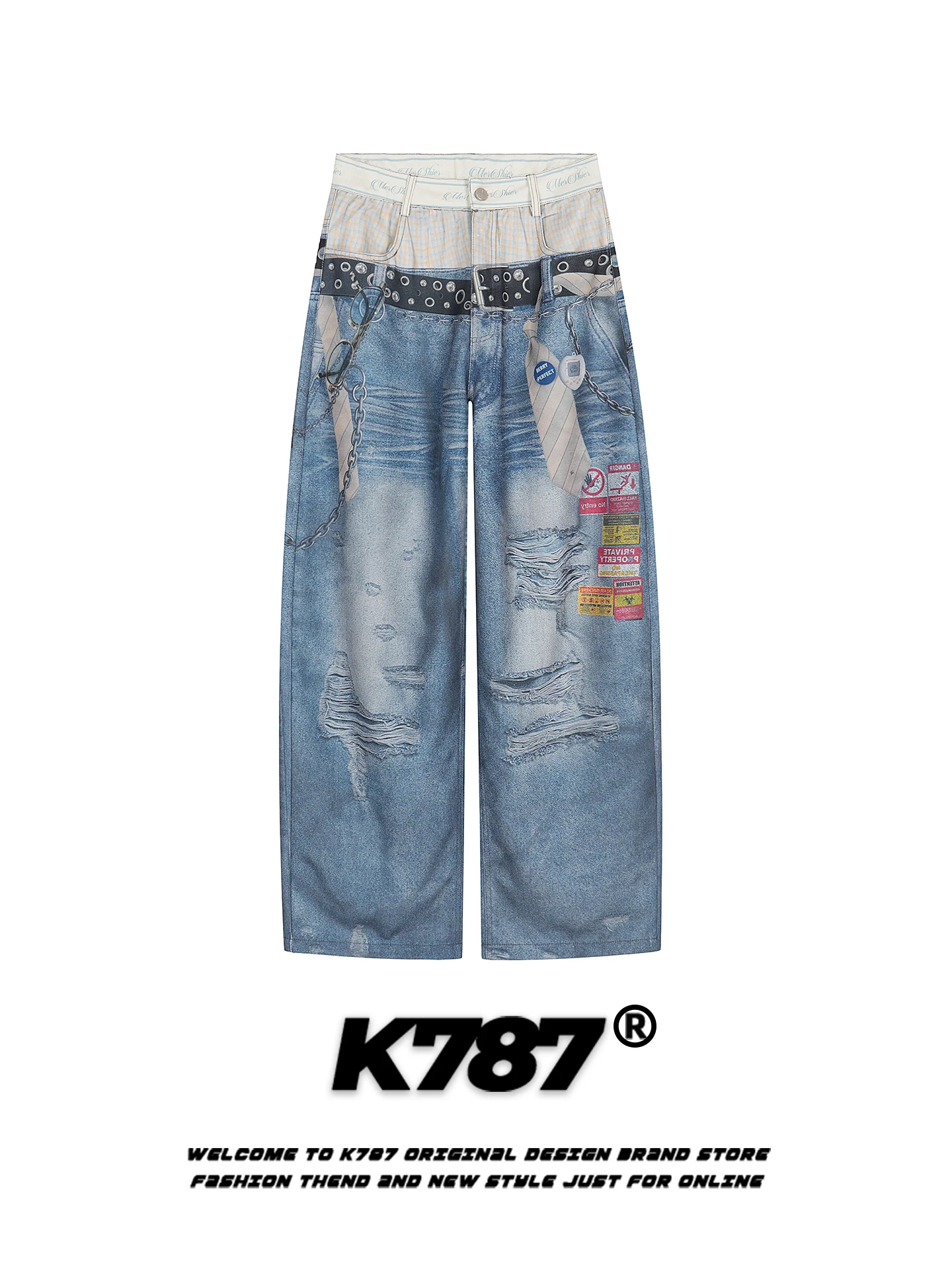 

K787 American Street Sle Ripped Digital Print Jeans Casual Pants Men's Design Sensation Fake Two-Piece Straight Leg Wide Le...