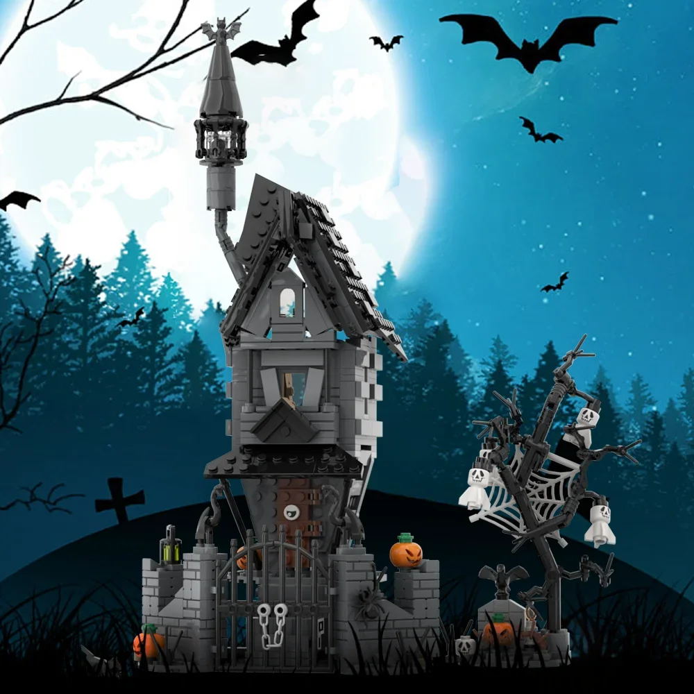 

MOC Lighting House-Nightmare Before Xmas, набор строительных блоков, призрачный скелет, хижина, ужасы, кирпичи, игрушки, детский подарок на Рождество, Хэллоуин