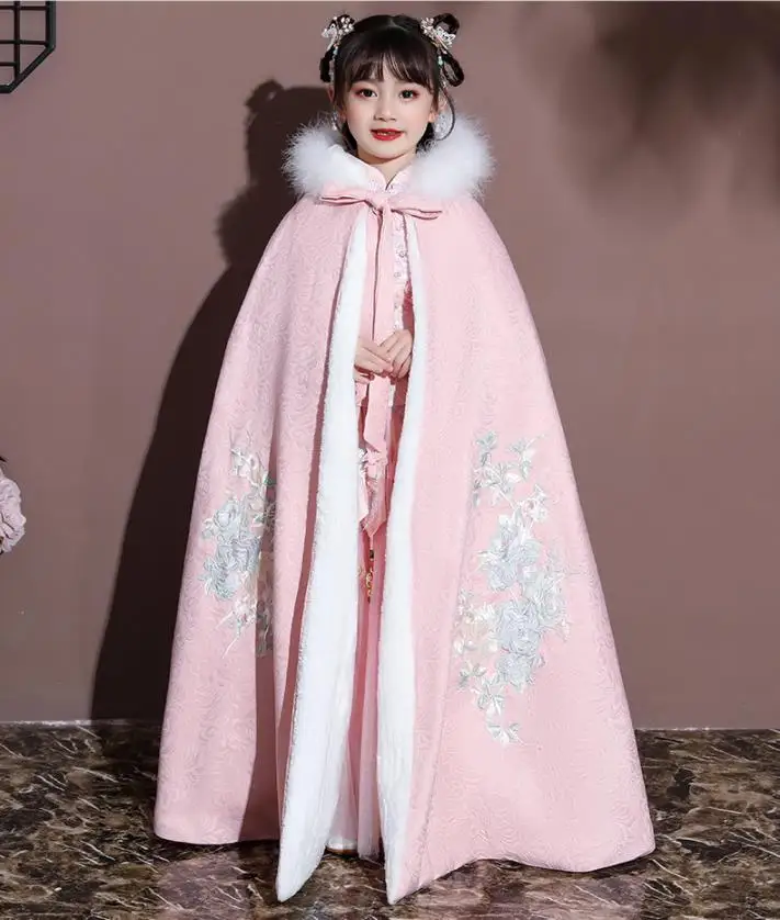 

Girls Fairy Hanfu Cloak Warm Tang Suit Children Winter Plus Velvet Embroidery Party Dress With Cloak Chinese New Year's Clothing