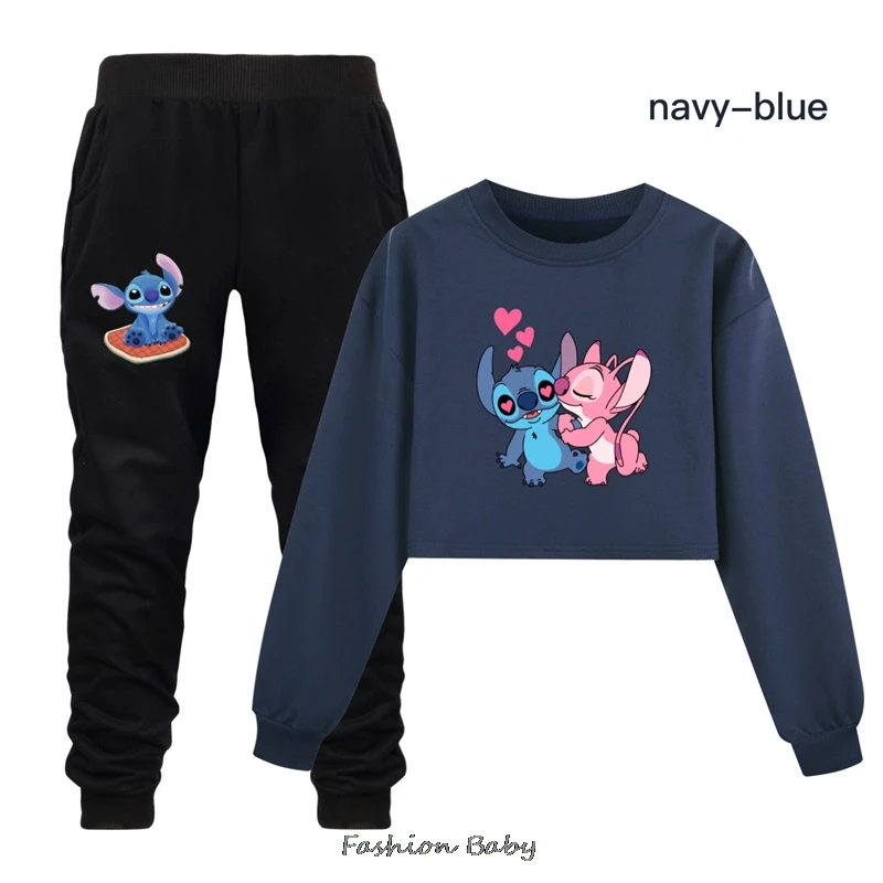 Lilo And Stitch Spring Autumn Casual Kids Cute Cartoon Kawaii Series Teens Boys Girls Clothing Sports Pullover Top+Pants Suit