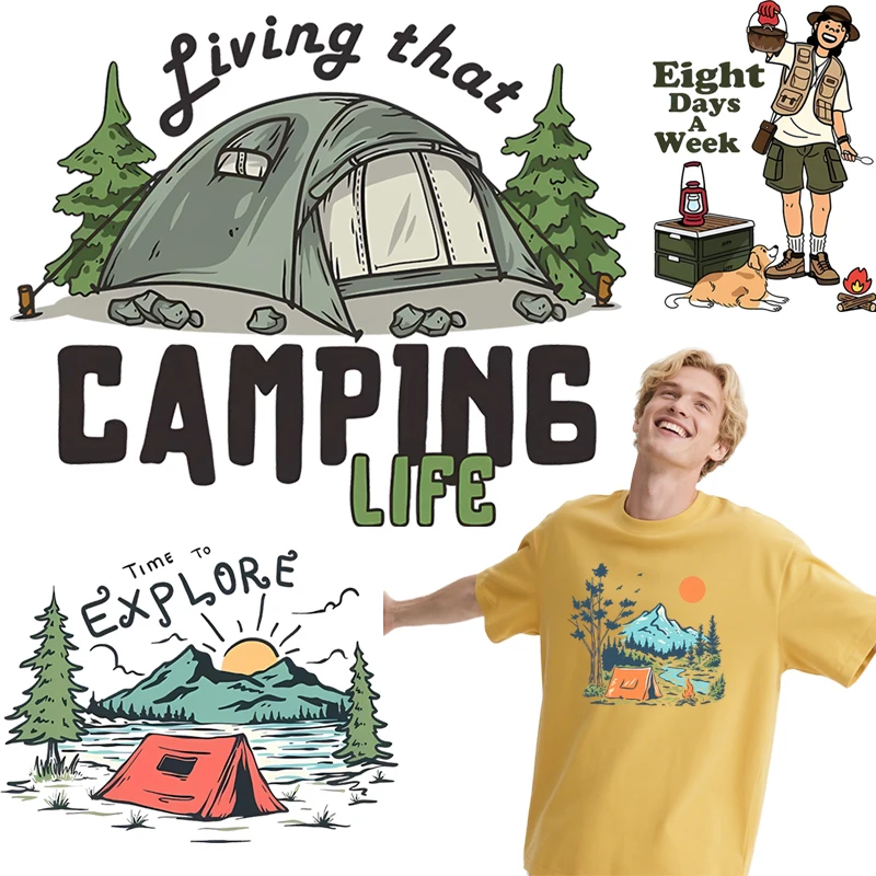 Roupas de camping de verão com estampa DTF, camiseta casual masculina e feminina, moletom, jaqueta lavável.