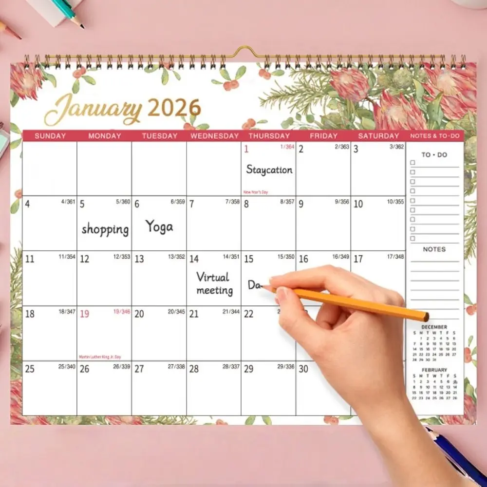 Nouveau 2026 janvier-déc. Calendrier mural reliure spirale motif de fleur calendrier mensuel support mural planificateur mural de 12 mois utilisation au bureau