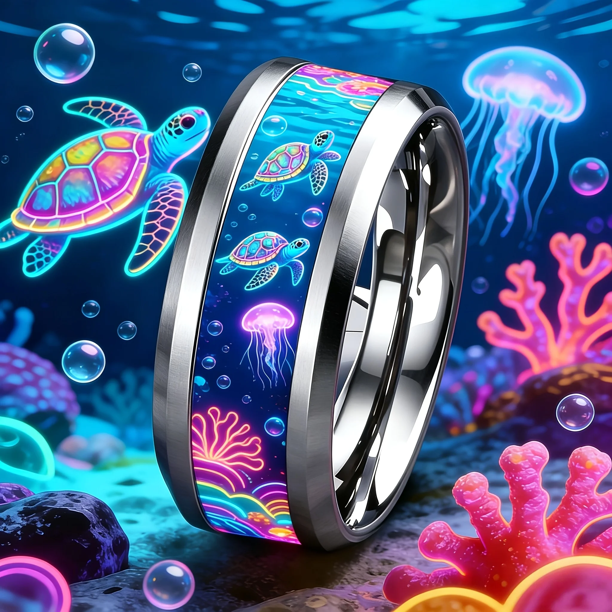 SUNFLOWER Fashion Sea Turtle Sticker Mens Stainless Steel Rings Sea Unique Non-fading Wedding Band Polished Double Bevel Ring
