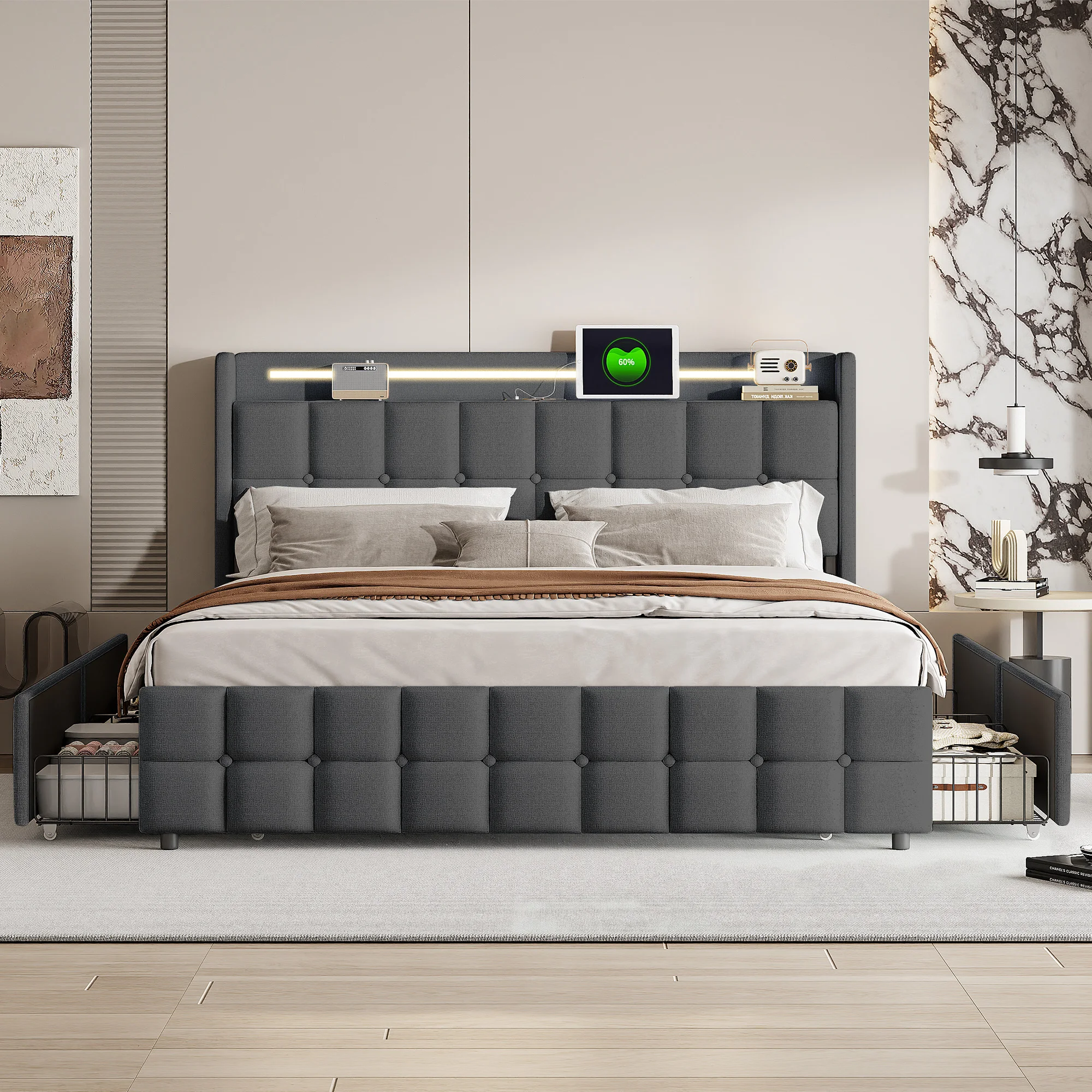 Anajqaqia Letto matrimoniale imbottito 160×200 cm con ricarica USB e 4 cassetti, con testiera LED e spazio contenitore, lino, grigio