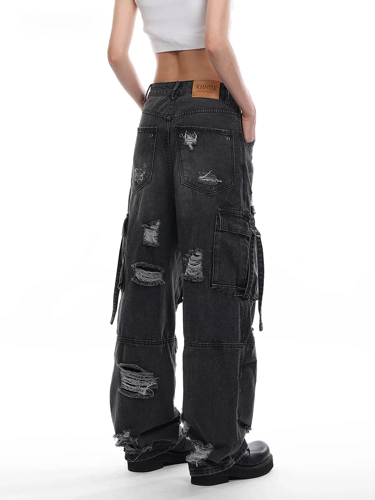 American Retro Ripped Cargo Pants Loose Multi Pocket High Waist Straight Pants High Street Wide Leg Jeans Baggy Trousers