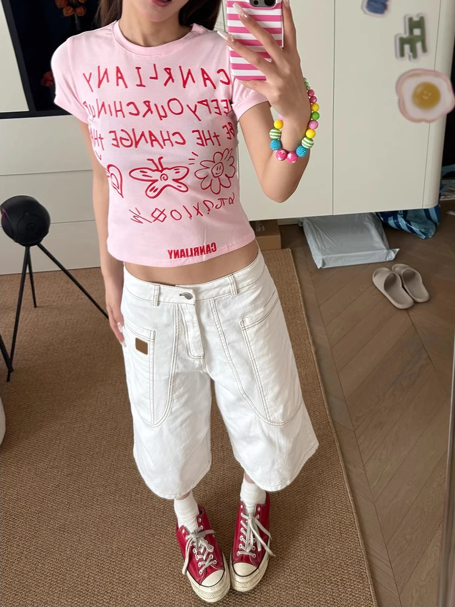 ReddaChic النساء خياطة التماس الدنيم السراويل البيضاء الرجعية جيوب البضائع واسعة الساق عادية برمودا السراويل متزلج الهيب هوب الشارع الشهير