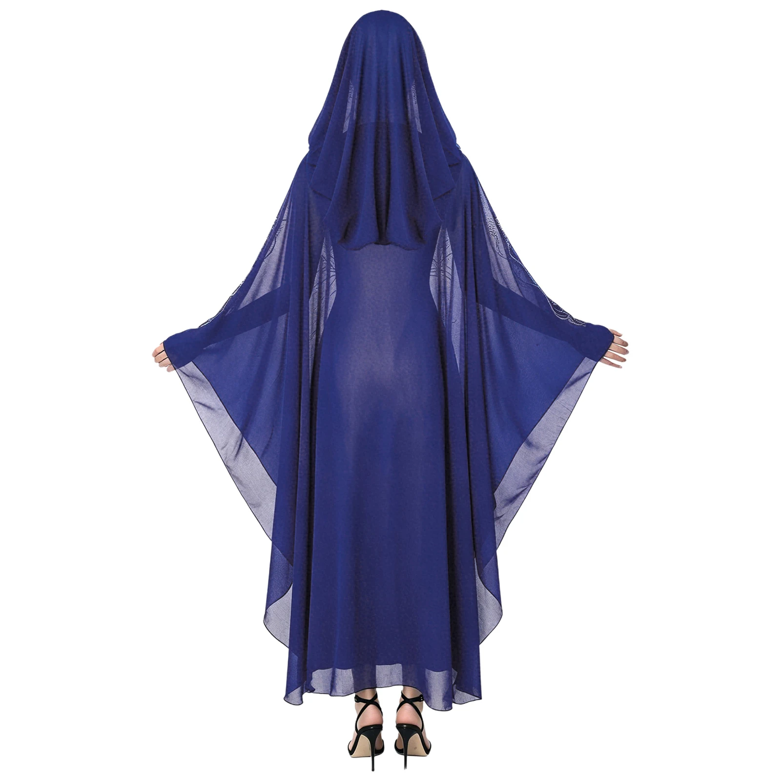 

Womens Muslim Islamic Dress with Hood Robe Exquisite Rhinestones Faux Pearls Open Front Hooded Chiffon Abaya Long Robe Kaftan