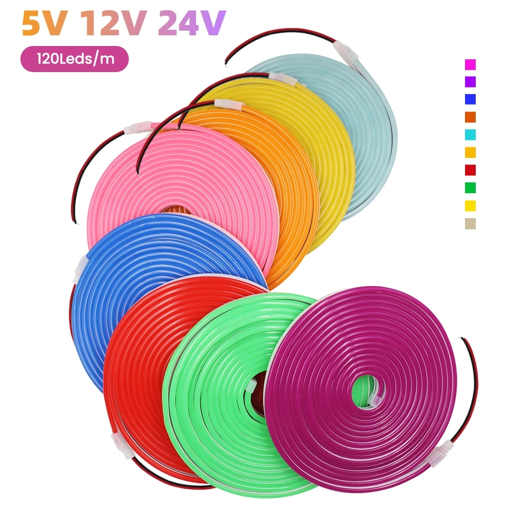 5V 12V 24V Neon LED Strip 5M IP67 Waterproof Silicon Tube Bar Lamp Soft Flexible 120LEDs/M DIY Light Sign Rope 3000-6500K Ribbon