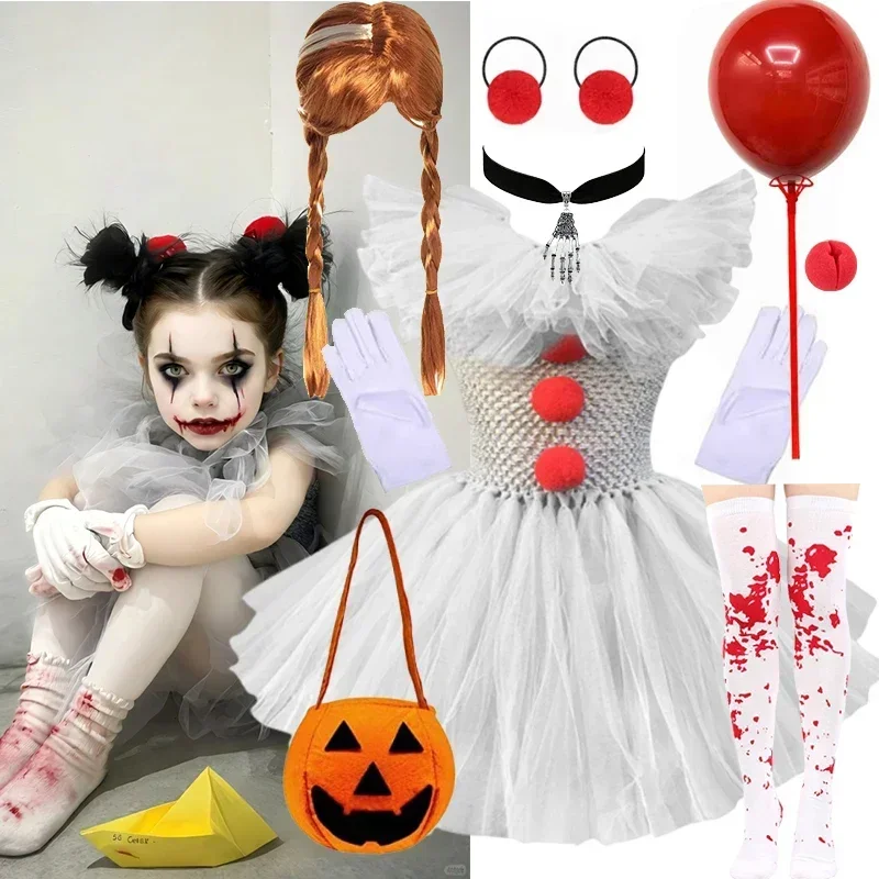Gruseliger Clown-Kostüm für Mädchen, Böses Halloween-Outfit für Kinder mit passenden Accessoires für Süßes oder Saures Veranstaltungen – Detail 2