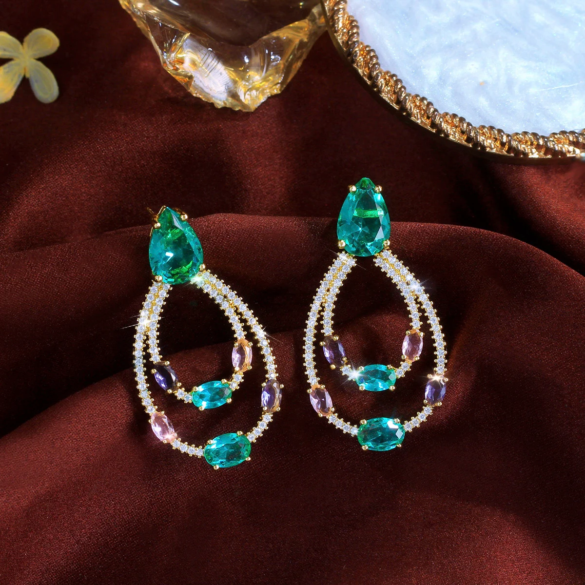 CWWZircons Gorgeous Double Circle Drop Light Blue Cubic Zirconia Crystal Dangle Earrings Trendy Female Party Jewelry Gifts E0318