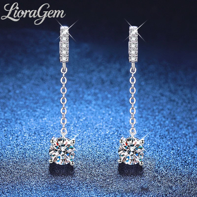 LioraGemClassic Four-Prong Moissanite Tassel Stud Earrings, 1-Carat Moissanite Minimalist Earring Set Platinum PT950 Stamp