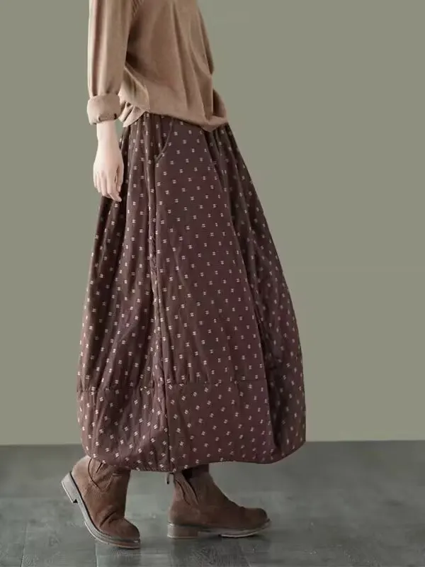 

Vintage Elastic Waist A-Line Midi Skirt Cotton Spring Summer Autumn Print High Waist H-ape Skirt for plus Size Women