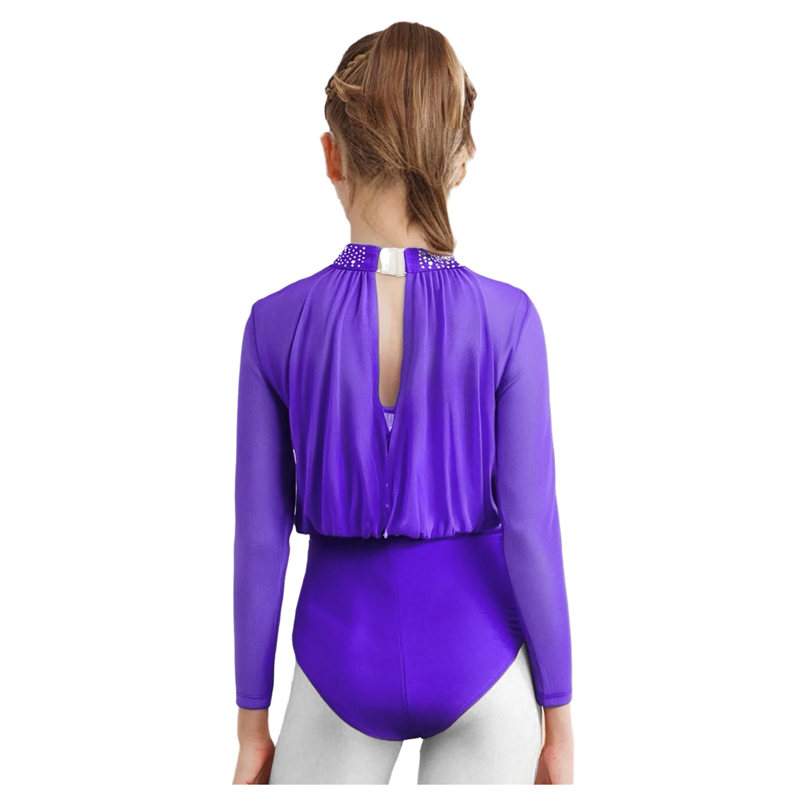 Kids Girls Ballet Gymnastics Figure Skating Modern Dance Costume Long Sleeve Keyhole Back Sequins Rhinestones Sheer Mesh Leotard