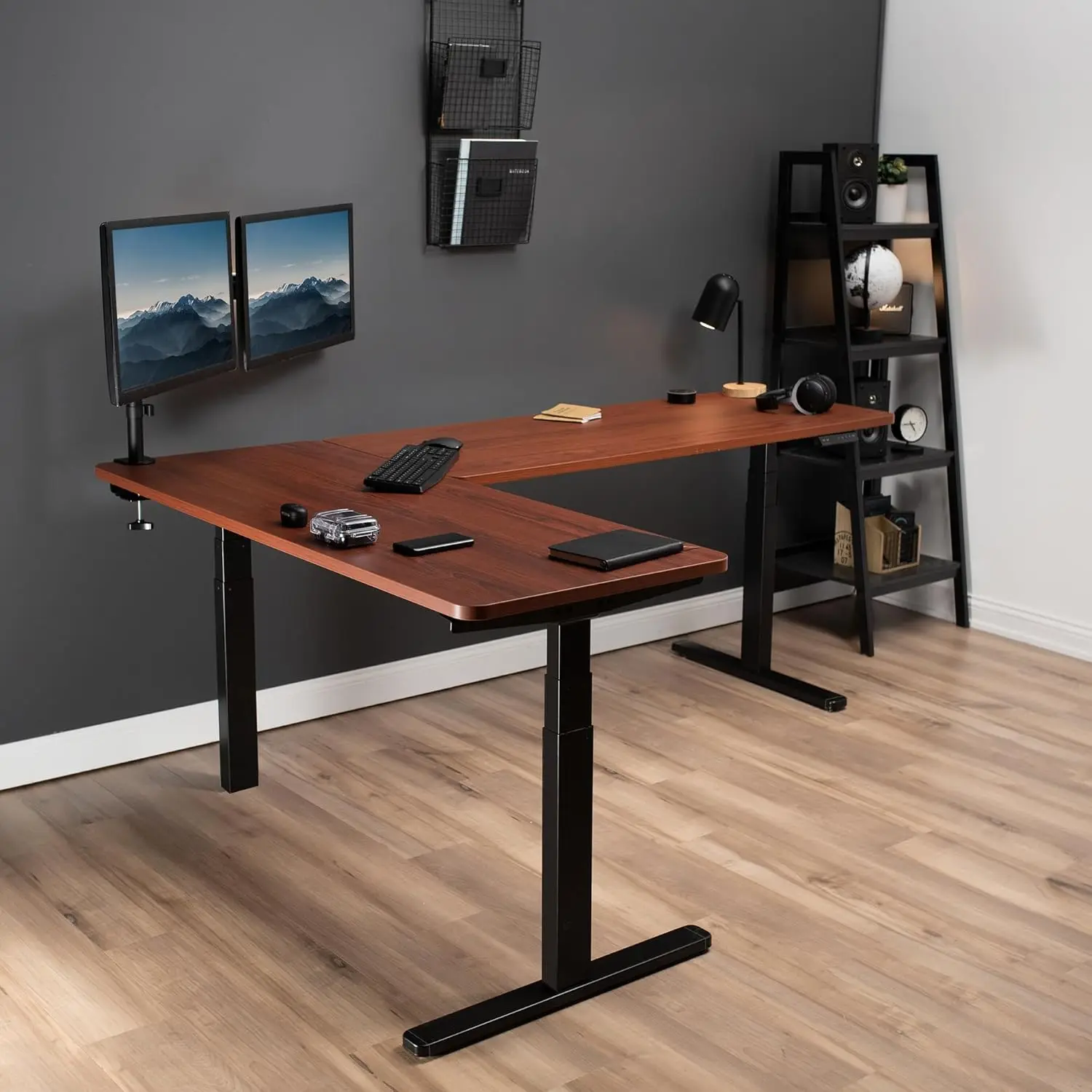 Electric Height Adjustable 83 x 60 inch Corner Stand Up Desk 2 Dark Walnut Solid Table Tops Black Frame Memory Controller