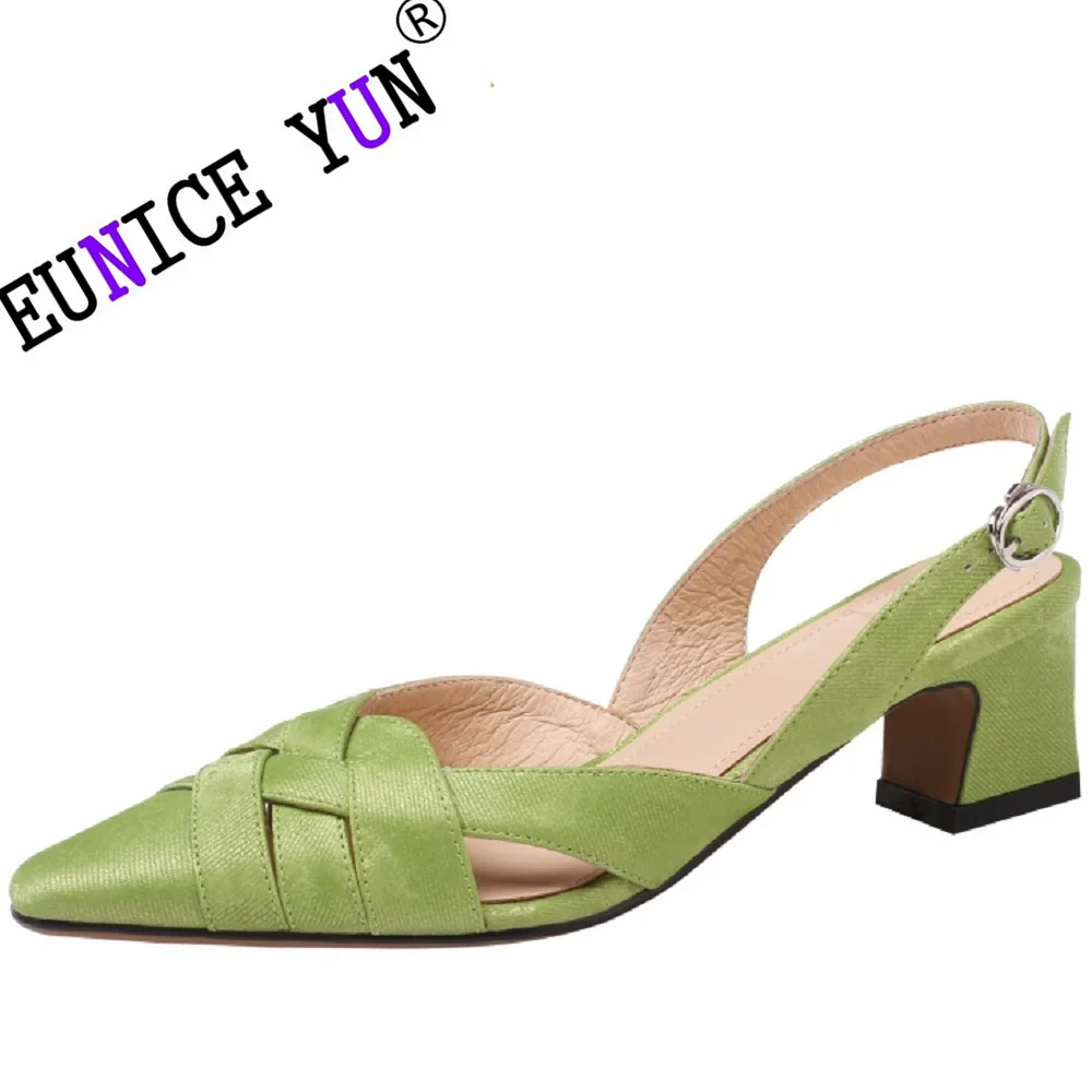 【EUNICE YUN】Women\'s genuine leather narrow band cross strap pointed toe slingback kitten heel sandals summer new heeled 34-40