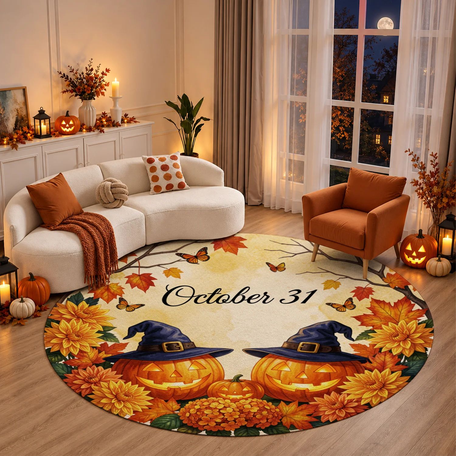 Autumn Maple Leaves Butterfly Pattern Round Velvet Rug, Machine Washable Soft Floor Mat, Great for Living Room, Bedroom, Entryway, Dining Area, Suitable for Halloween, Thanksgiving, Christmas, New Year, Black Friday, Cyber Monday Decor
