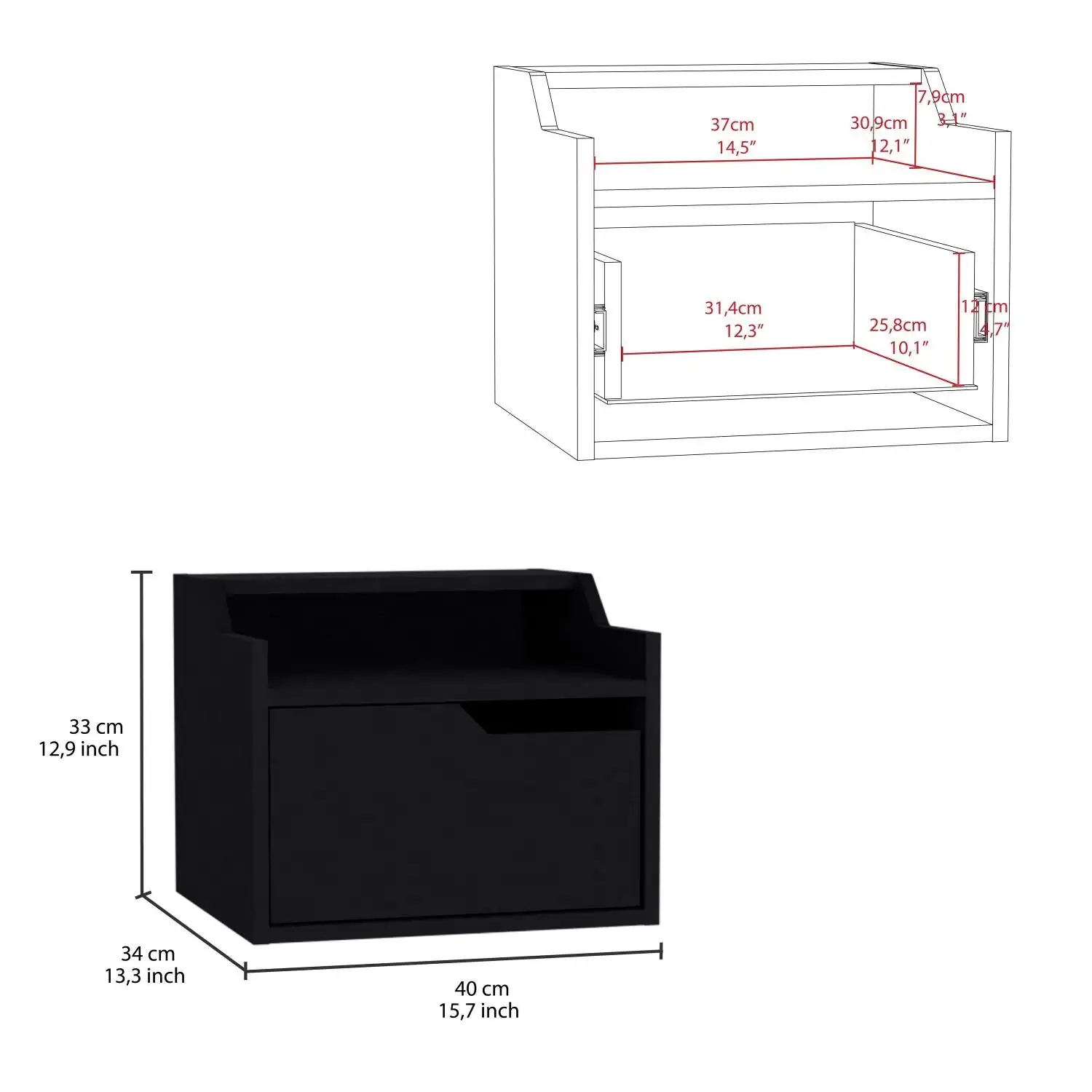 Busan Modern Floating Nightstand, Single-Drawer Design with Sleek Two-Tiered Top Shelf Surfaces Black