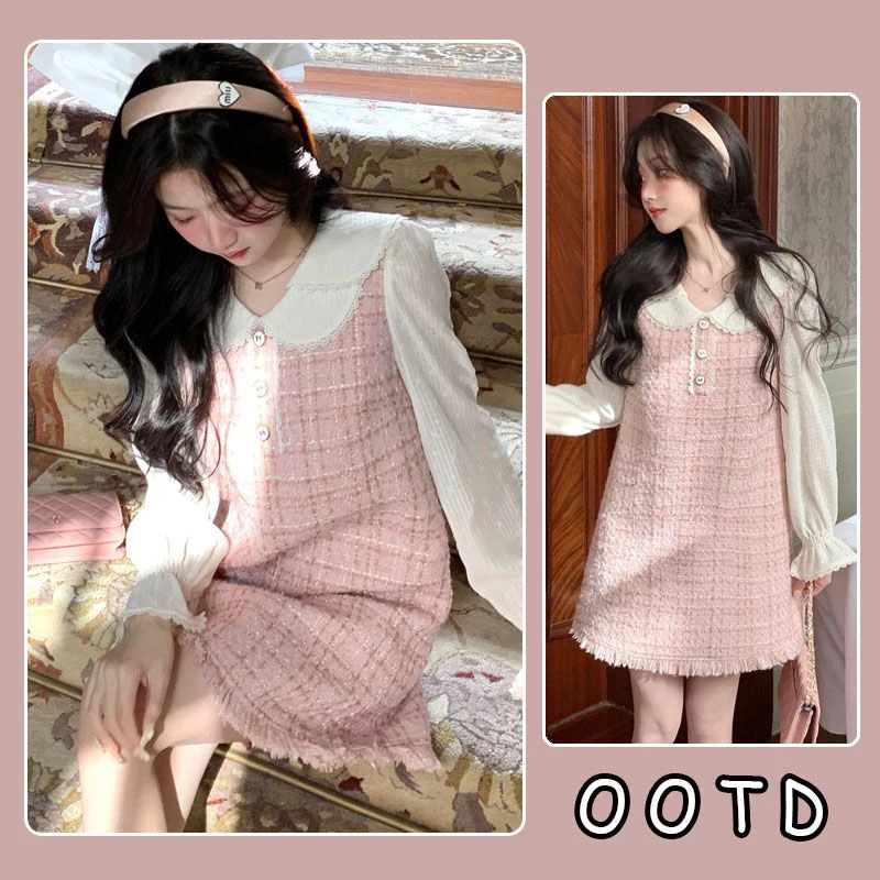 

Korean Style Elegant Party Dresses for Women, Kawaii Sweet Skirt, Pink Tweed, Fake Two Set, Festival Outfit, Spring, Summer New,