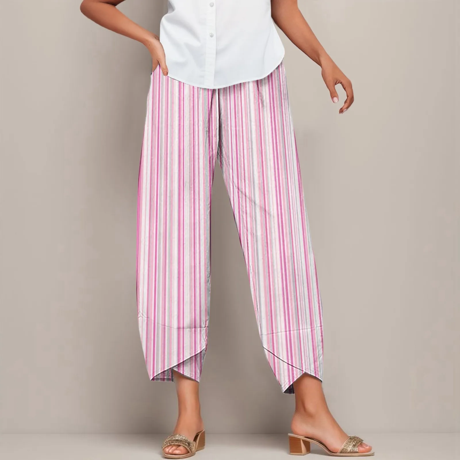 

2025 Simple Color Striped Graphic Print Women's Beach Pants High Quality Soft Fabric Fashion Trend New Nine-Point Wide-Leg Pants