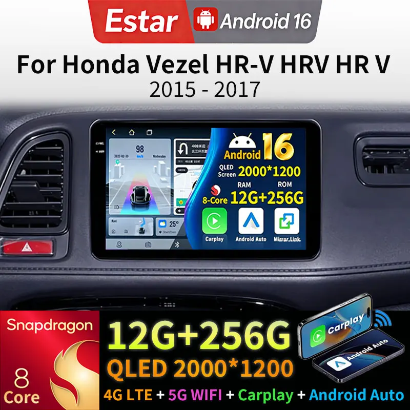Radio para Auto Android 16 para Honda Vezel HR-V HRV HR V 2015-2017, Reproductor Multimedia GPS, Unidad Principal Navi, Carplay Inalámbrico, Estéreo para Auto