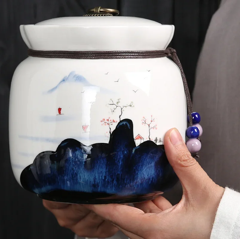 Tea Caddy Ceramic Pu'er Sealed Storage Jar Household Large with Metal Pull Ring Handmade Mountain Watercolor Painting