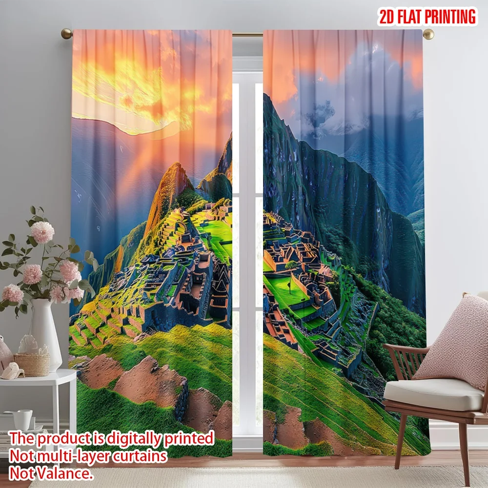 

2D flat printing 2pcs Curtain Ancient Mountain Sunrise Digital Printed Polyester Drapes Festive Curtains Perfect for Indoor