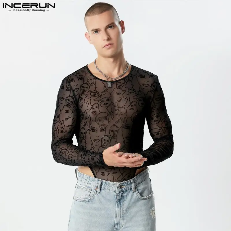 INCERUN 2023 Men Bodysuits Mesh Sexy Printing O-neck Long Sleeve Male Rompers Streetwear Transparent Fashion Bodysuit Men S-3XL