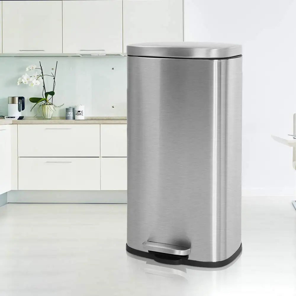 

Kitchen Trash Can Brushed Stainless Steel Step Garbage Can Small & Tall Waste Basket with Lid & Plastic Inner Bucket