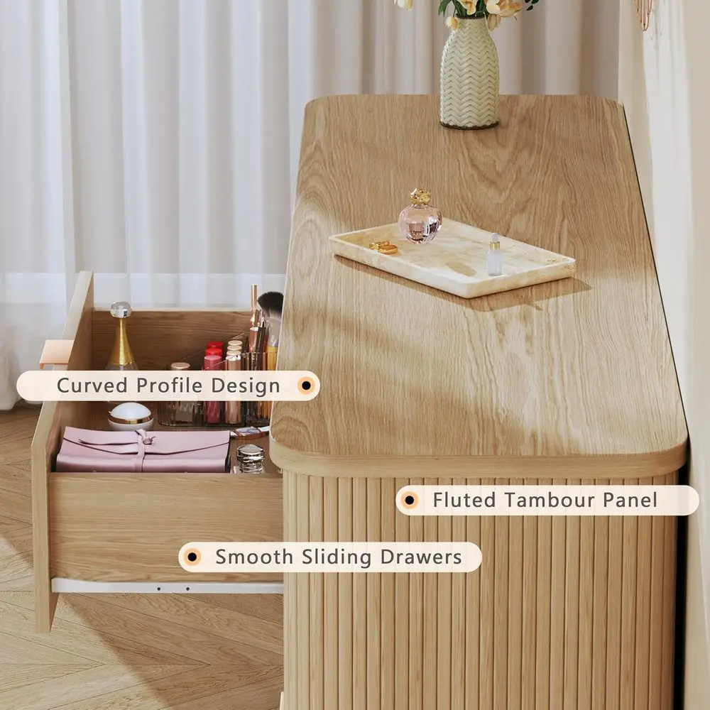 곡선형 프로파일의 6단 서랍장, 침실, 거실 및 복도용 오크 목재 수납장