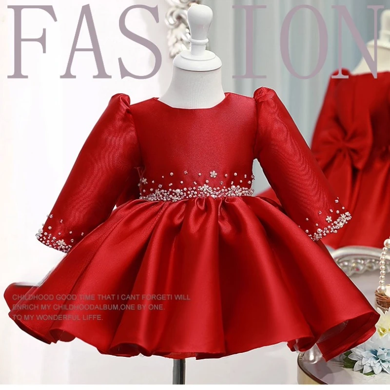 Kids Red Princess Dress Children Birthday 1st Year Gown Piano for Host Pageant Celebration Ceremony Performance Formal Dresses