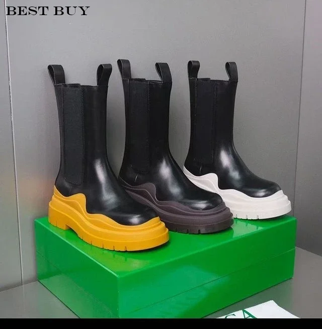 

Thick Sole Ankle Boots for Men and Women Elastic Slip On Leather Chelsea Boots Couple Shoes Smoke Pipe Short Boots Size 35-45