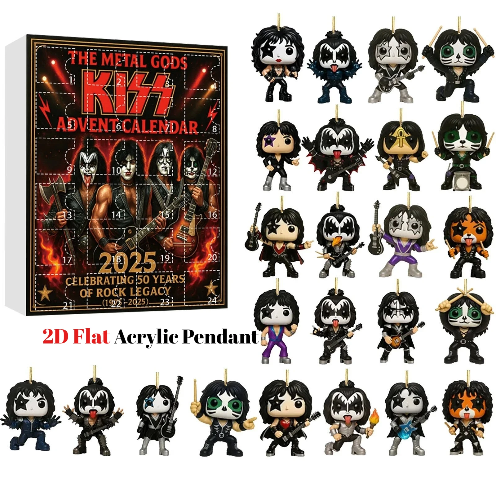Calendrier de l'avent The Metal Gods of KISS Band 2025, calendrier de compte à rebours de 24 jours, cadeaux de collection musicaux emblématiques en acrylique plat 2D