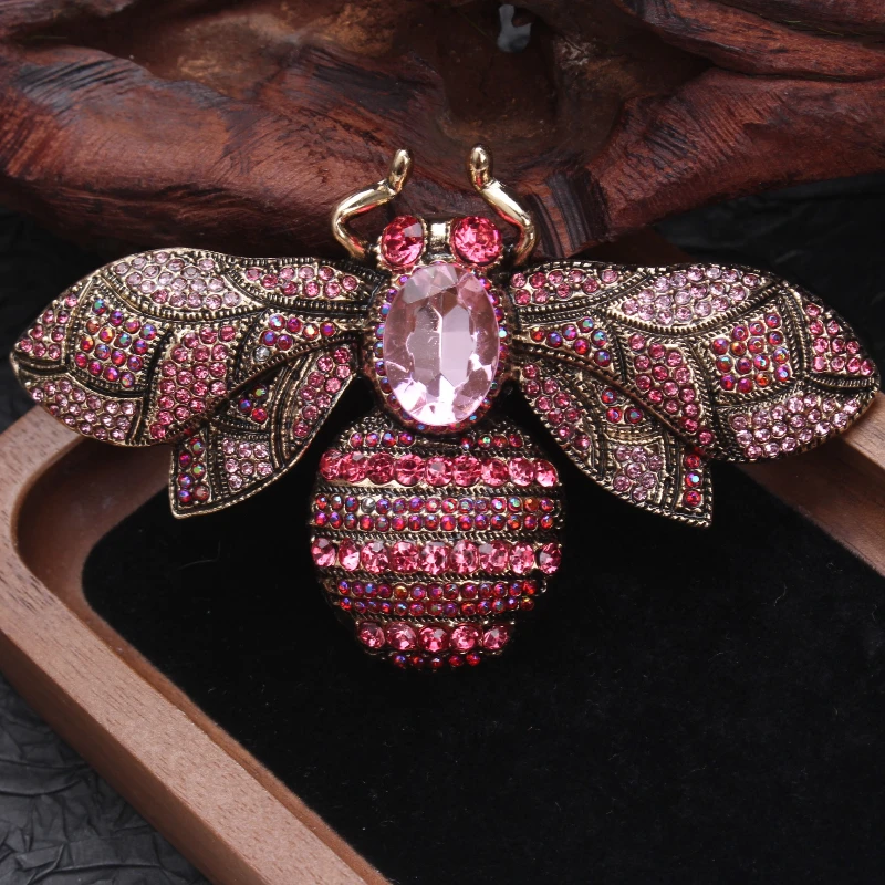 Glamorous Pink Crystal Bee Brooch, Opulent Vintage Fashion Accessory