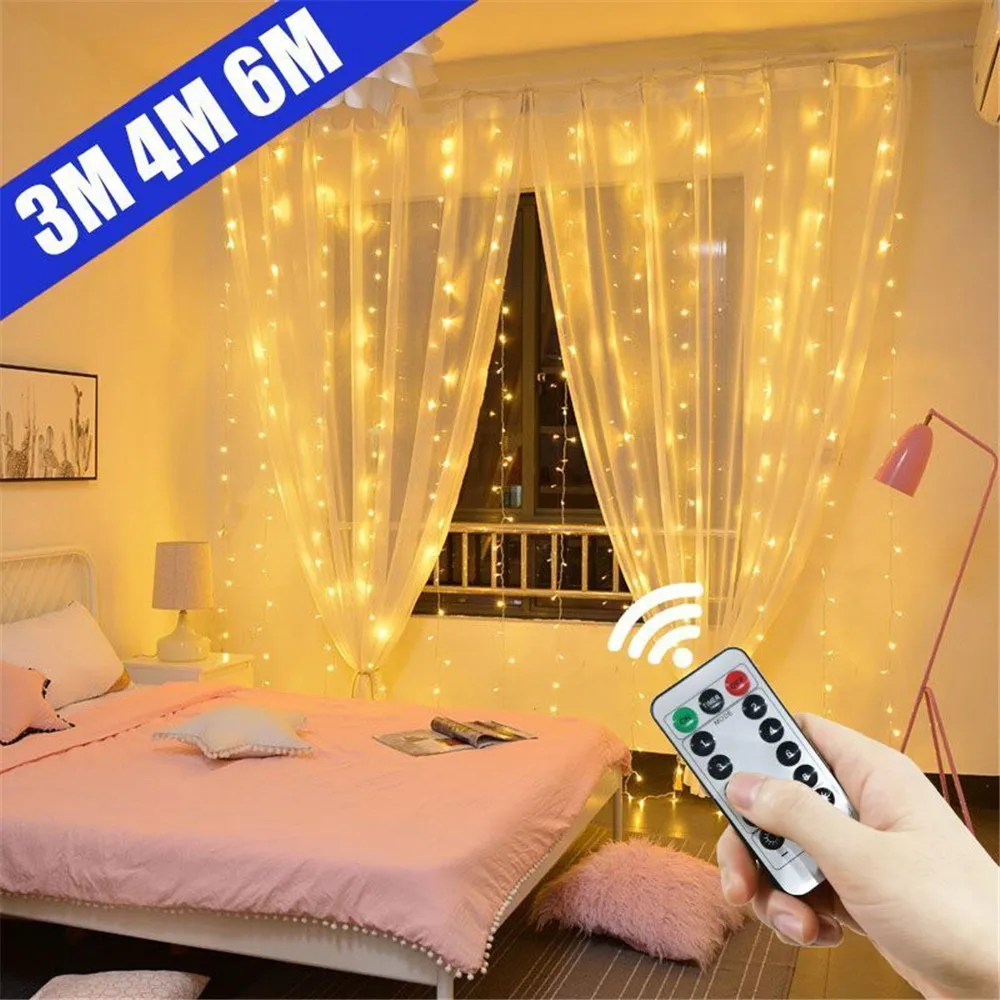 2024 Christmas Curtain LED String Lights Including Remote Control USB Plug Hanging Light Decor Wedding Bedroom Holiday Indoor